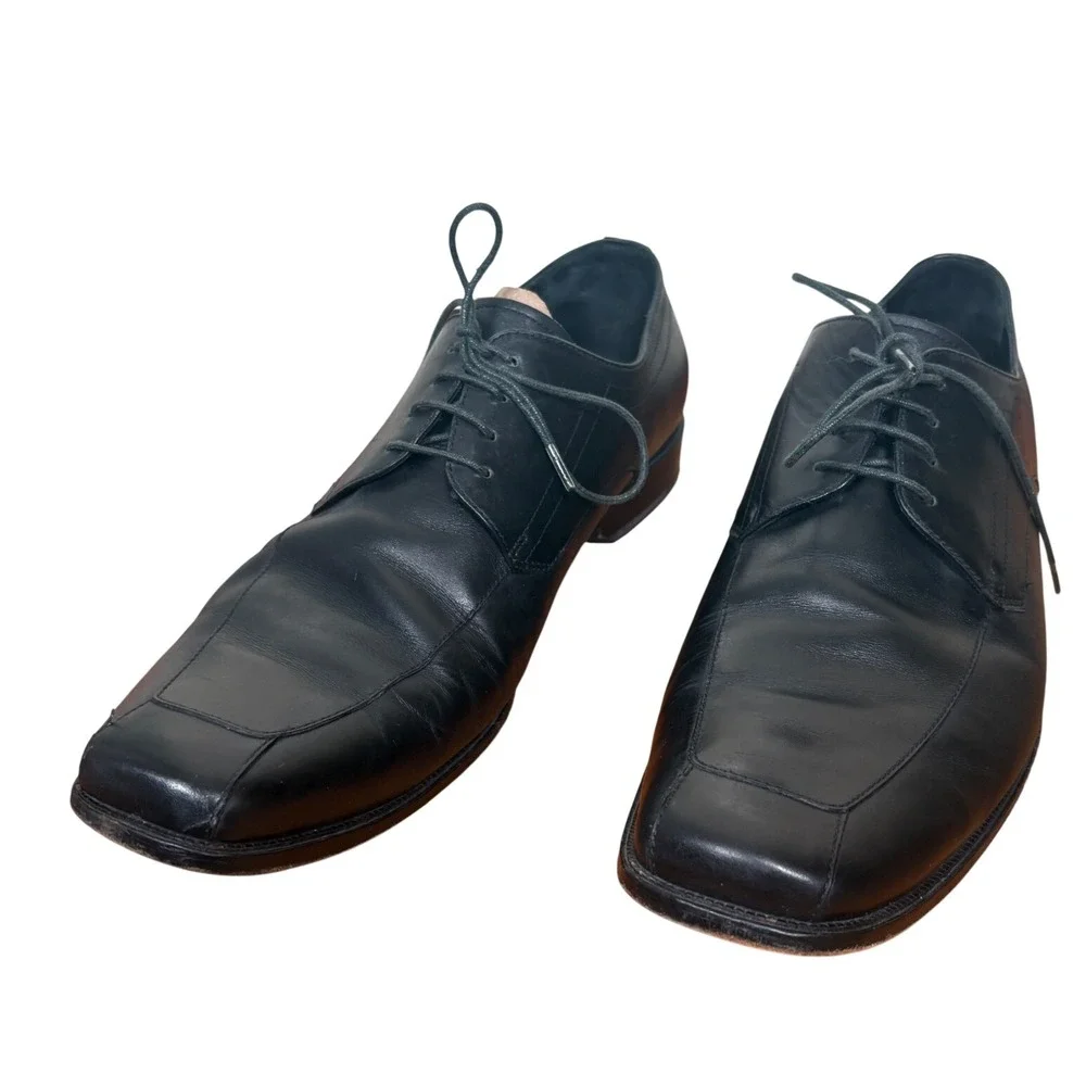 Hugo Boss Black Leather Square Toe Derby Dress Shoes Italy Classic Men's 11‎